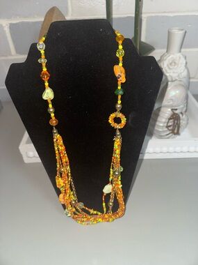 Beaded Multi-Strand Orange & Green Statement Necklace